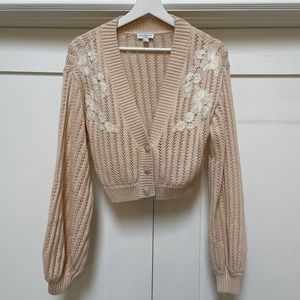 Current Air Cropped Ivory Crochet Cardigan with white floral appliqué (S)